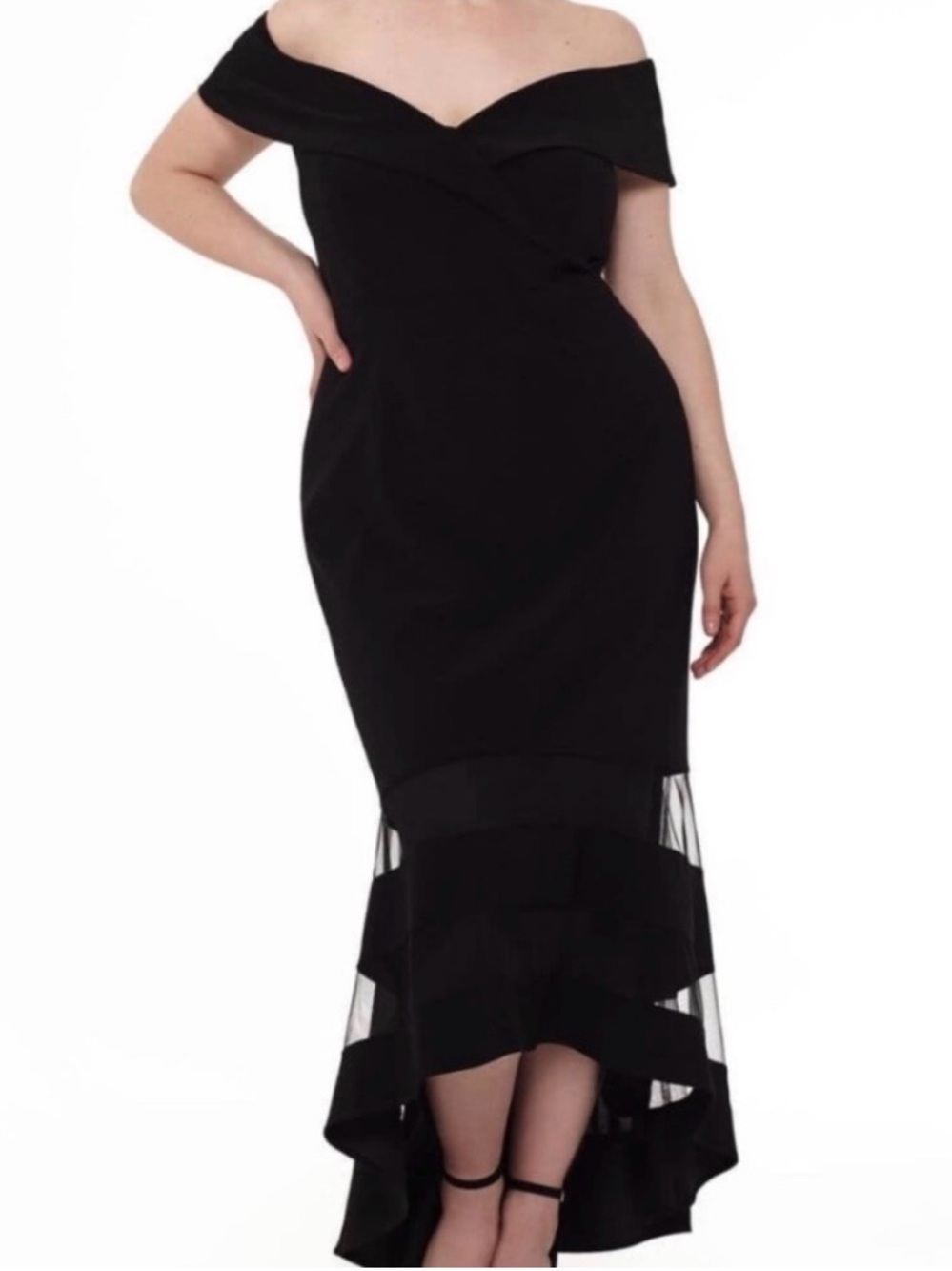 XSCAPE Illusion High-Low Fit & Flare Off-The-Shoulder Maxi
Cocktail Gown